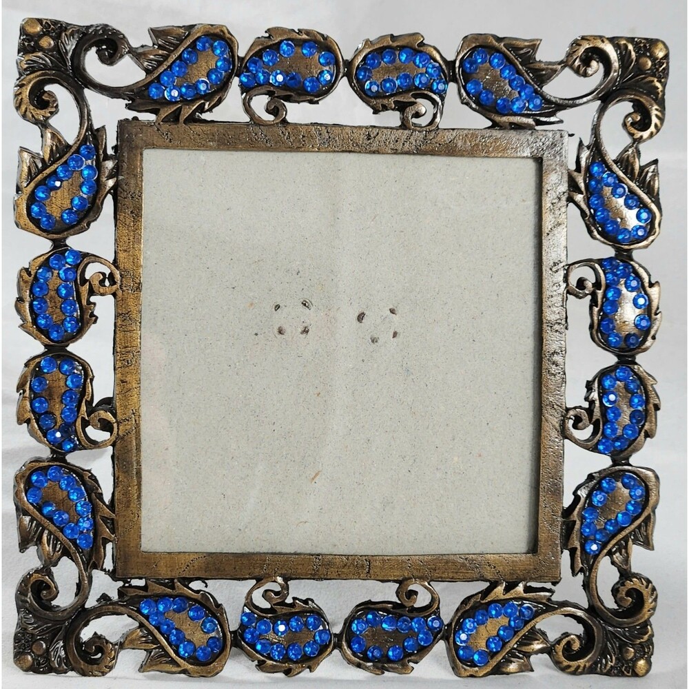 3 x 3 in Square Ornate Antique Bronze Tone Photo Frame Blue Rhinestones Crystals